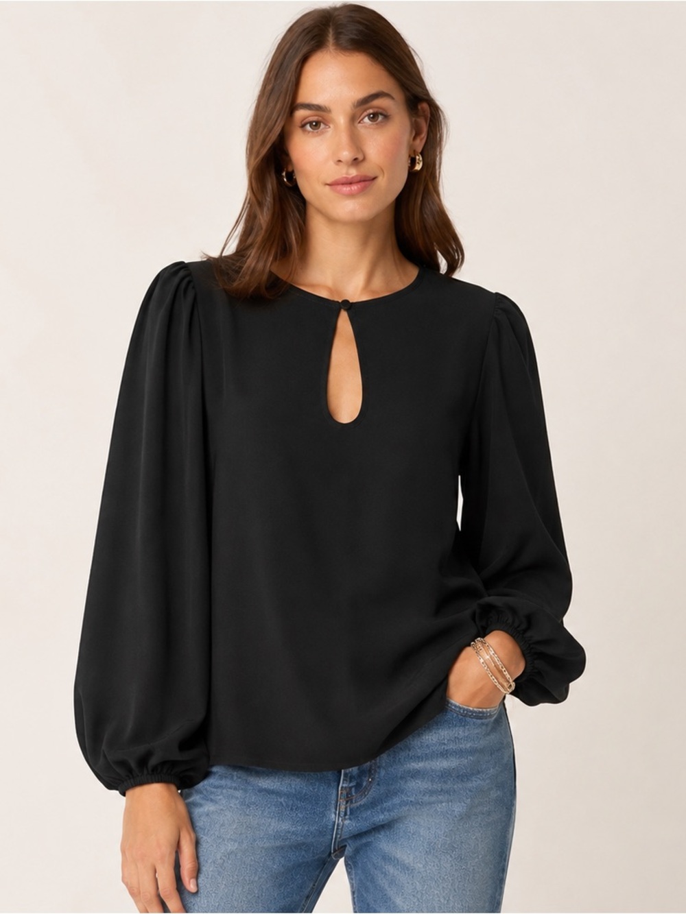 J. Crew Black Keyhole Puff-Sleeve Blouse